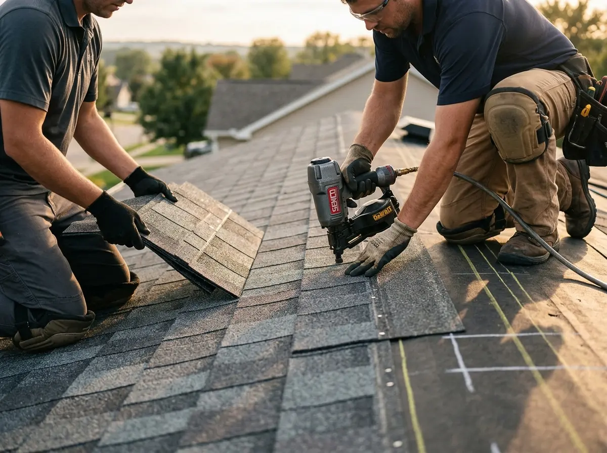Professional roofer working on a residential roof in Pasadena Hills